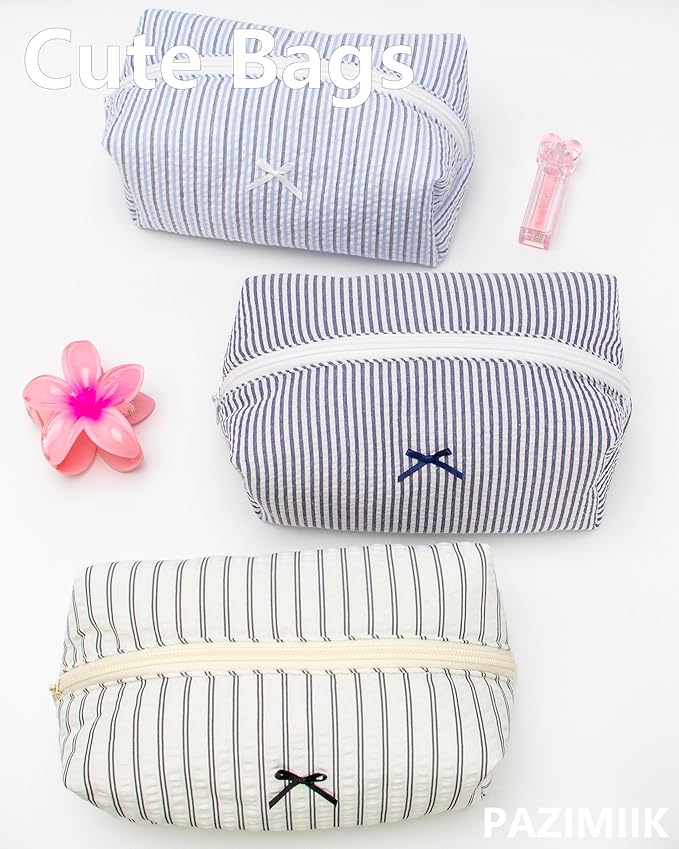 PAZIMIIK 6PCS Cozy Makeup Bag Small Aesthetic Travel Zipper Cosmetic Pouch for Women Make Up Beauty Accessories Brushes, Stripe Navy Blue