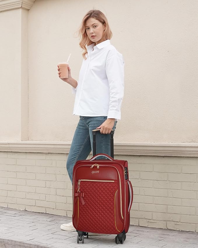 Carry On Luggage 22x14x9 Airline Approved, 20 Inch Softside Suitcase with 4 Pcs, Lightweight Luggage for Women with TSA Lock and 4 Spinner Wheels, Soft Side Carry-on Suitcases for Travel, Red