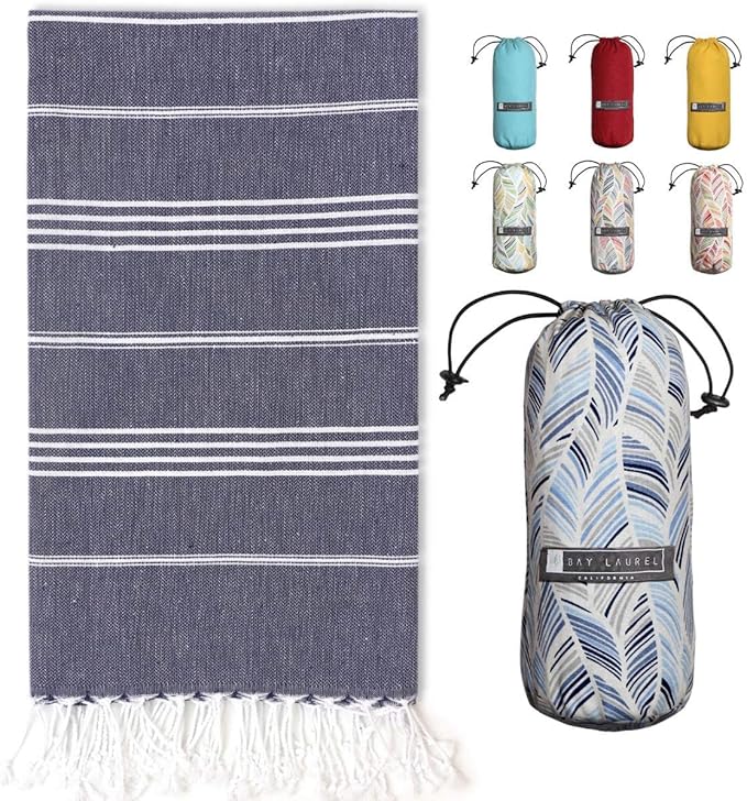 BAY LAUREL Turkish Beach Towel with Travel Bag 39 x 71 Quick Dry Sand Free Lightweight Large Oversized Towels Light - (Dark Blue with Blue Floral Bag)