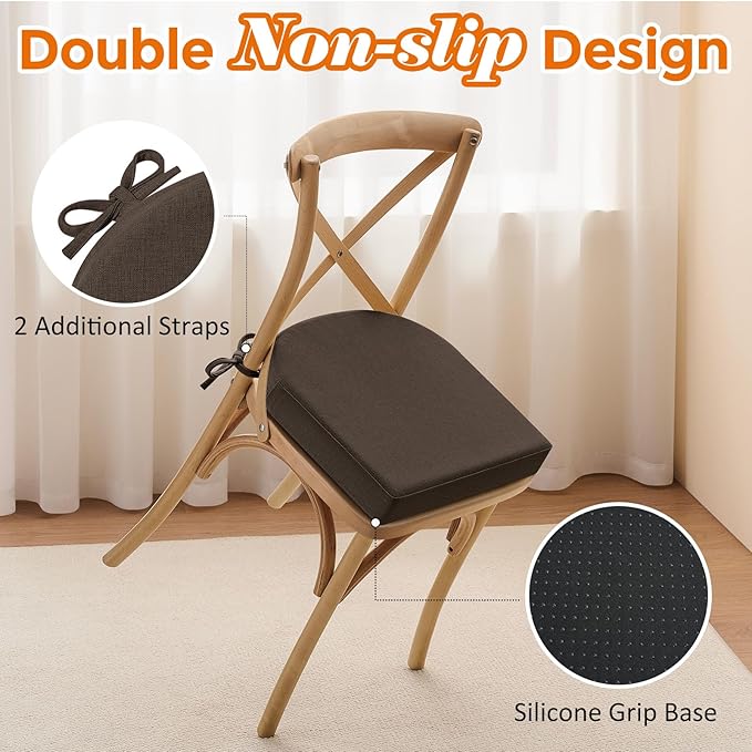 downluxe Chair Cushions for Dining Chairs, Memory Foam Linen Kitchen Chair Pads with Ties, Waterproof, Stain-Resistant and Washable Cover, 17" x 16" x 2.5", Brown, 6 Pack
