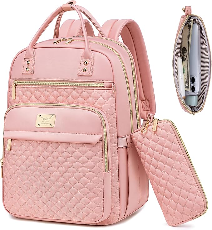 Tealari Laptop Backpack for Women,15.6 Inch Laptop Backpack for Work,Water Resistant Travel Backpack,College Bookbag with Wallet (Pink-1)