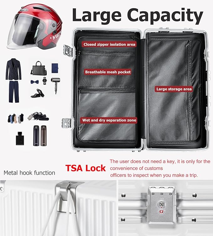 feilario 29in Super Large Captain Aluminum Frame Hardside Spinner Wheels Luggage, Removable Wheels Zipperless Checked Suitcase with Cup Holder/Phone Holder (Ivory White,29in)
