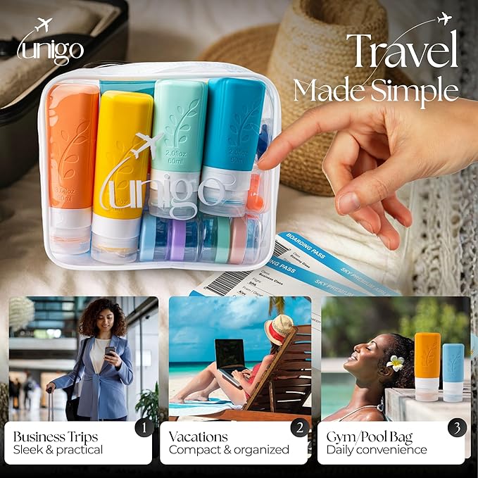 unigo Silicone Travel Bottles Set for Toiletries, Airplane Approved TSA Carry On Size, BPA Free Leakproof Refillable Squeeze Containers with Labels, Cleaning Brush and Covers (Multicolor B)