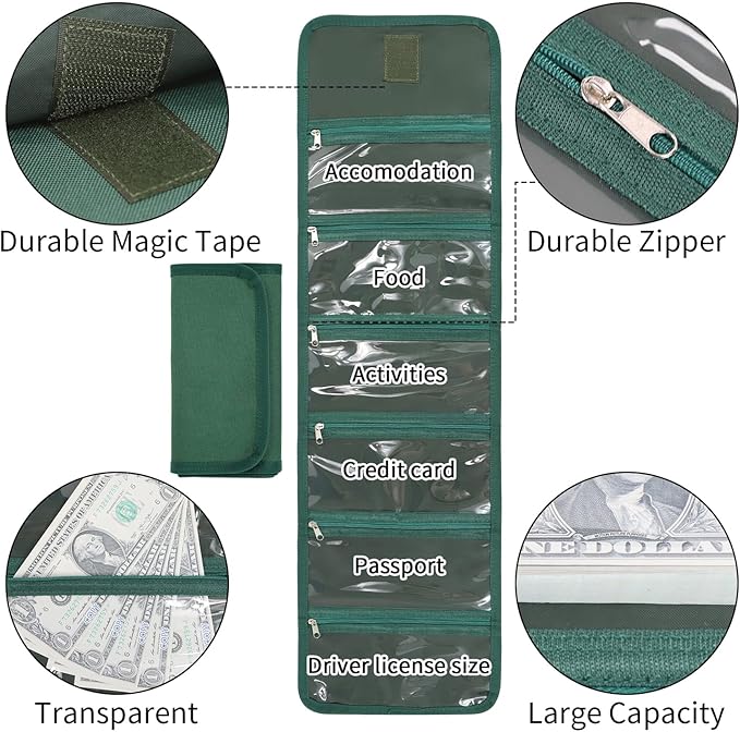 VOCHIC Money Wallet, Money Organizer for Cash with 6 Zippered Pocket Multipack Money Pouch, Cash Bill Organizer, Money Bag Small Travel Money Holder for Budgeting, Receipt and Tips