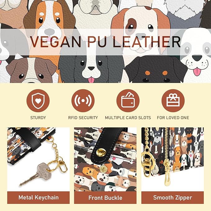 Jogjam Dogs Rfid Women Wallet, Small Slim Thin Credit Card Wallet, PU Leather Bifold Cash Zipper Coin Pocket ID Window for Female Ladies Teen Girls Girly