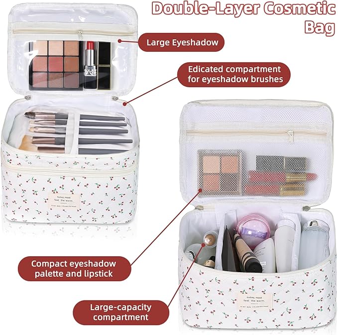 Makeup bag, Large Cosmetic Bag for Women Girls, Cute Quilted Makeup Bags, Floral Coquette Aesthetic Toiletry Bag, Travel Make Up Organizer Bag (Cherry)