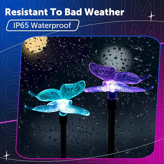 GIGALUMI Solar Garden Lights Outdoor Waterproof Butterfly Path Lights 6 Pc | Color Changing, Waterproof, Solar Powered, Decorative, Garden Lights for Walkway, Pathway, Driveway, Stake Lights Outside