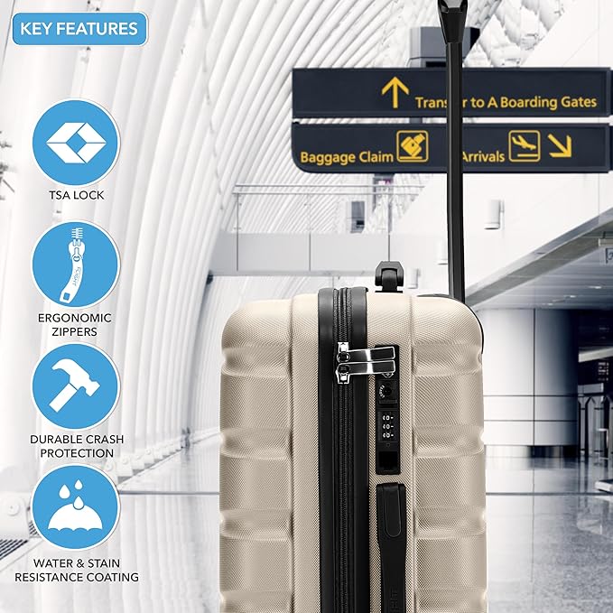 Flight Knight 22x14x9 Expandable Carry On Suitcase Hardside TSA Lock USB C Port Lightweight Luggage Silent Double Spinner Wheels Maximum Overhead Carry-On Bag American United Approved Champagne