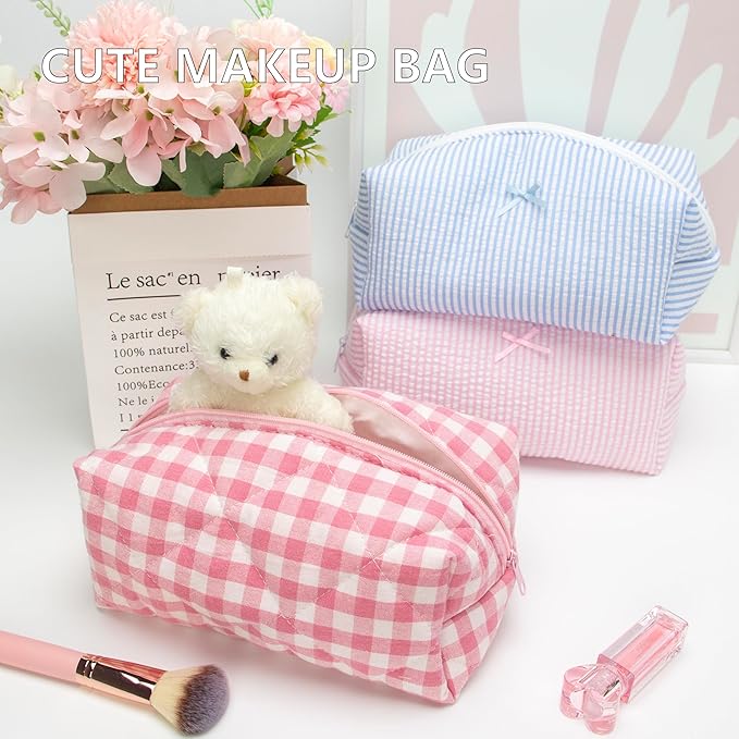 PAZIMIIK 2PCS Cozy Makeup Bag Travel Cosmetic Bag for Women Soft Toiletry Bag Aesthetic Makeup Organizer Portable Large Zipper Pouch for Skincare Beauty Accessories Brushes Pink Checkered