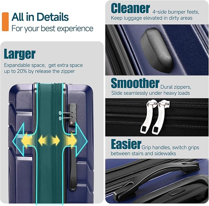 Hoteel Luggage Sets 3 Piece, 4-Yr Warranty, PC+ABS Hard Shell Expandable Suitcases with Wheels, TSA Aproved Lock and Carry on Bags, Travel Suit Case Set for Men and Women, (3-Piece, Blue)