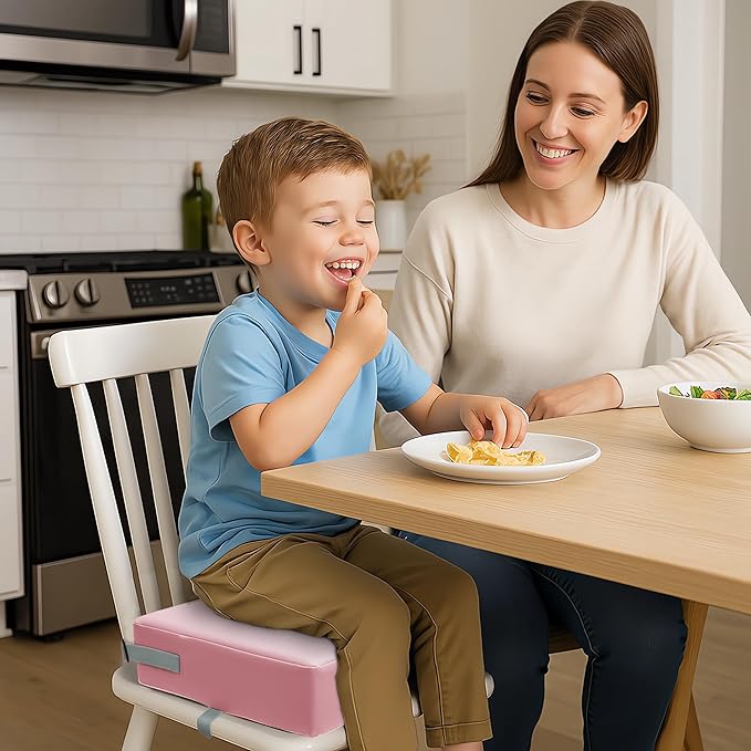 Toddler Booster Seat Dining Table Kitchen Chair, Waterproof Anti-Scratch PU Cushion, Non-Slip Bottom, Adjustable Buckle Straps, Easy Clean Portable Seat Cushion (Pink)