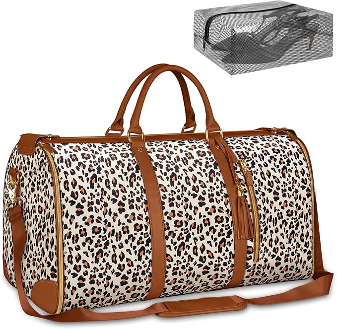 Ytonet Convertible Garment Bags for Travel, Large Carry on Garment Weekender Bag, Water Resistant Travel Duffel Bags with Shoe Pouch, 2 in 1 Hanging Suitcase Suit Foldable Travel Bags, Leopard