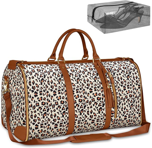 Ytonet Convertible Garment Bags for Travel, Large Carry on Garment Weekender Bag, Water Resistant Travel Duffel Bags with Shoe Pouch, 2 in 1 Hanging Suitcase Suit Foldable Travel Bags, Leopard