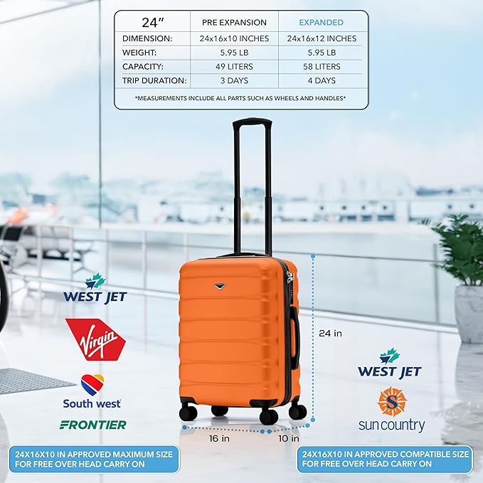 Flight Knight 24x16x10 Expandable Carry On Suitcase Hardside TSA Lock USB C Lightweight Luggage Silent Double Spinner Wheels Maximum Overhead Carry-On Bag For Virgin South West Approved Orange