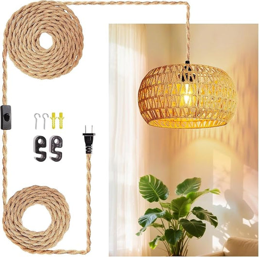Hanging Lamps Rattan Pendant Light Hanging Lights 16.4ft Plug in Cord Pendant Light Fixture Plug Into Wall Outlet Pendant Lighting with On Off Switch for Bedroom Living