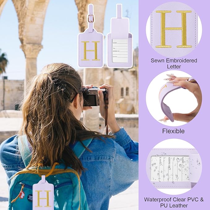 Initial Luggage Tags for Suitcases, Cute Embroidered Letter Luggage Bag Suitcase Identifier Name Baggage Tag, PU Leather Travel Luggage Tags, Bag Tags for Men Women Kids Luggage Handbags(Purple H)