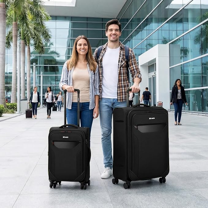 2PCS Set（22in/32in）Softside Luggage Sets w/ Spinner Wheels,Expandable 20% Luggage w/TSA LOCK,Upright Spinner Softshell,Lightweight Durable Rolling Travel Luggage Set for Men/Women（Black,22in/32in）