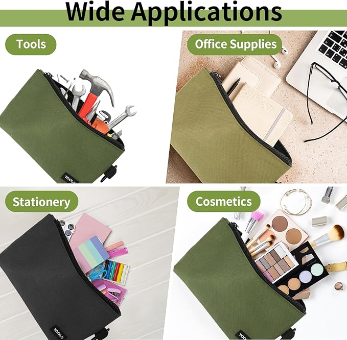 3 Pack Premium Tool Pouches Zipper Bag, Small Tools Bags with Carabiner, Heavy Duty Flat Bottom Utility Multipurpose Storage Organizer Bag for Tool, Stationary, Pencil