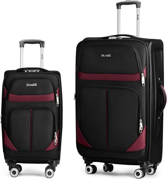 2-Piece Set Front Opening,Softside Luggage Sets w/Double Spinner Wheels Expandable Luggage,Lightweight Travel Luggage Rolling Suitcase w/LOCK（Black-Burgundy,20in/28in）