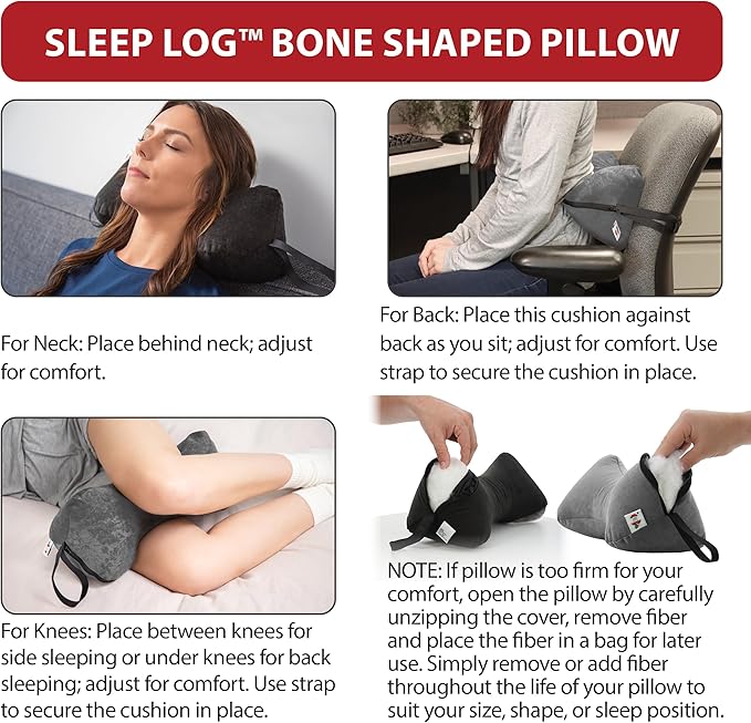 Core Products Sleep Log Bone Shaped Chiropractic Neck and Back Pillow for Cervical Support, Adjustable Firmness - Travel or Use at Home, 15" x 7" x 7", 60" Strap