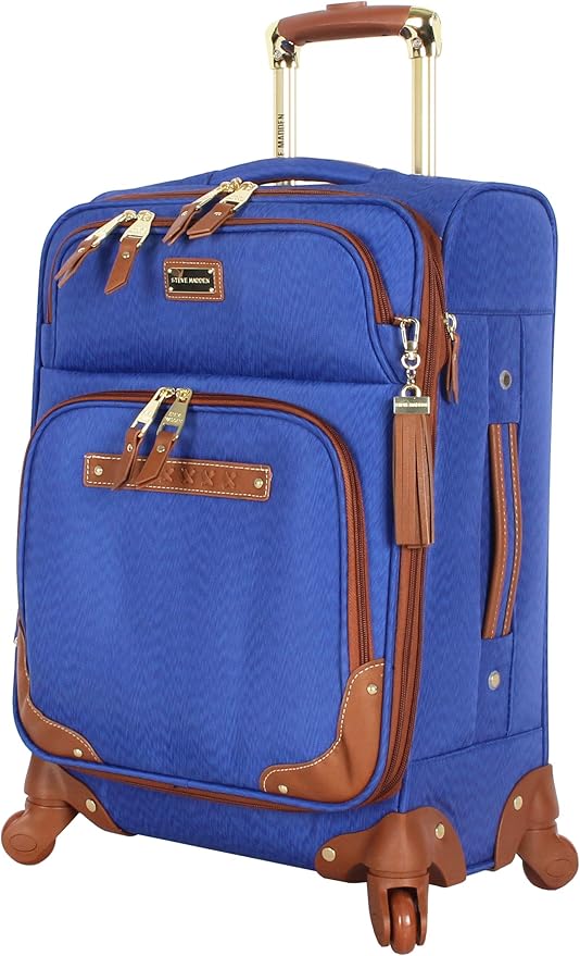 steve madden Designer Luggage Collection - Lightweight Softside Expandable Suitcase for Men & Women - Durable 20 Inch Carry On Bag with 4-Rolling Spinner Wheels, Global Blue, 20in, Spinner