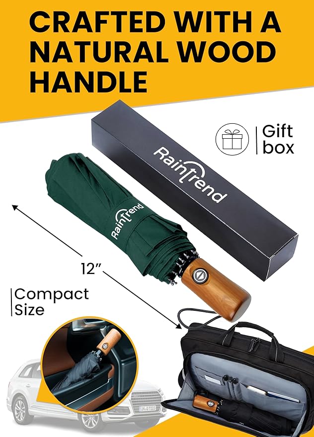 Raintrend Windproof Travel Umbrellas for Rain Automatic +10% Bigger Canopy Strong Frame Compact Folding Portable Umbrella for Women Men Backpack Purse