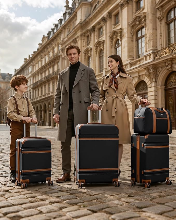 LONG VACATION Luggage Sets 5 Piece, Suitcases With Wheels, PC+ABS Hardshell Luggage Set with Spinner Wheels, TSA Lock (Black Brown)