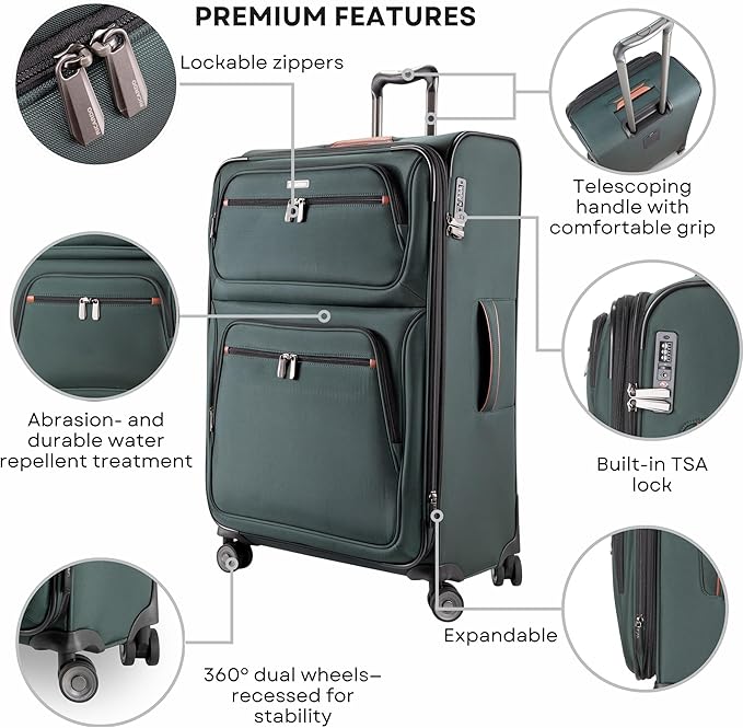 Ricardo Beverly Hills Montecito 3.0 Softside Luggage Collection – Expandable Suitcases with Wheels and TSA Lock, 29" Large Check-In, Hunter Green