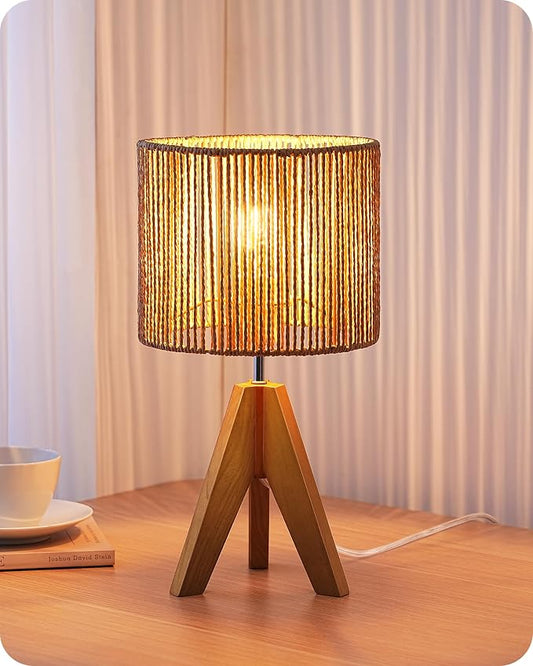 EDISHINE Small Rattan Table Lamp, Wood Tripod Bedside Lamp, 14.2", E26 Base | Natural Style, E26 Socket, Boho Nightstand Light for Living Room, End Table, Office, Rosewood Color&Vertical Stripe Shade