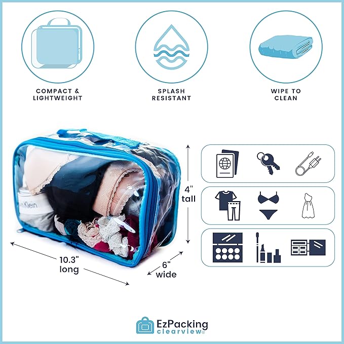 Small Clear Travel Packing Cube/See Through PVC Plastic Pouch for Carry On Suitcase, Backpack or Diaper Bag/Transparent Multipurpose Accessories, Makeup & Underwear Organizer w/Handle (Black)