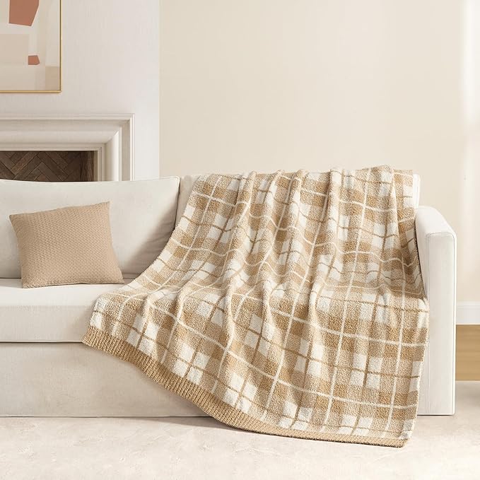 Snuggle Sac Buffalo Plaid Bedding Blanket Twin Size, Super Soft Cozy Warm Knit Decorative Blankets, Reversible Plaid Fluffy Throws for Bed, Beige Plaid, 60x80 Inches