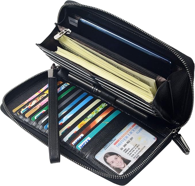 Bveyzi Women RFID Blocking Wallet Leather Zip Around Phone Clutch Large Capacity Ladies Travel Purse Wristlet | RFID Blocking, Zip Around, Large Capacity