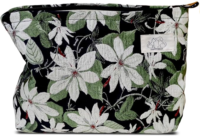 HAPPYHEIDI Large Black Embroidery Floral Makeup Bag Cosmetic Toiletries Travel Pouch, Canvas Lined, Purse Organizer, White Green Flowers