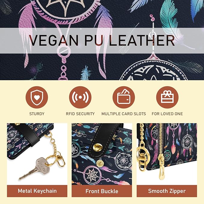 Jogjam Colorful Dream Catchers with Feathers Rfid Ladies Wallet, Small Credit Card Women Wallet, Boho Traditional Circular Net PU Leather Bifold Cash Zipper Coin Pocket for Female Blessing