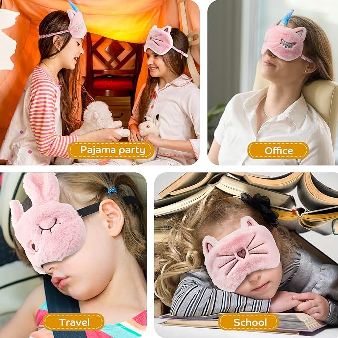 Geyoga Sleep Mask for Kids, Girls Plush Sleeping Eye Cover Soft Eye Blindfold Cover Animal Shade for Kids(Pink,Bunny, Cat and Unicorn Style)