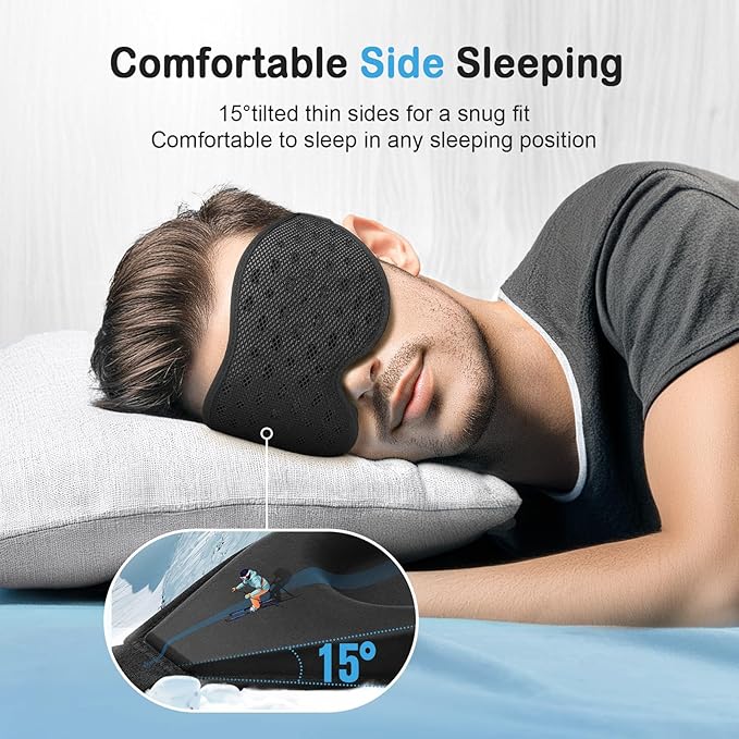 LitBear Breathable Sleep Mask, 3D Eye Mask Sleep for Side Sleepers Women Men, Light blocking Sleeping Mask with Adjustable Strap, Soft Lightweight Eye Cover for Travel, Night Work, Nap, Office - Black