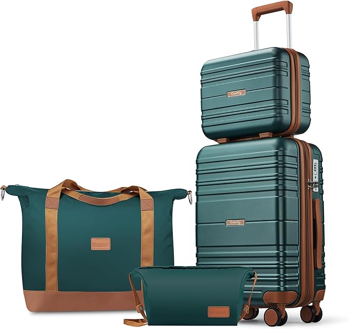 Luggage Sets 4 Piece, 20 Inch Expandable Carry On Suitcase with TSA Lock & Spinner Wheels, Lightweight Travel Luggage Sets with YKK Zippers (Dark Green, 4 Piece Sets(14/20/DB/TB))