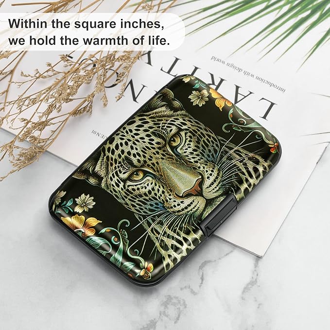 ELFISH Mini RFID Aluminum Wallet Credit Cards Holder Business Card Case Metal ID Case for Men Women(Black Leopard)