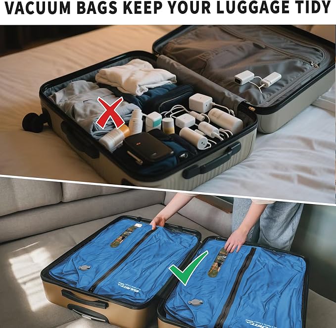 Reusable Vacuum Bags for Travel With Pump,Professional Waterproof IPX8 Zipper Vacuum Compression Bag for Suitcases Backpack,Space Saver Bags Packing Organizers for Clothing Packing(3 Pack,Blue)