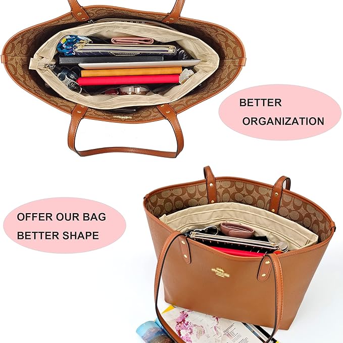 Time Wing Handbag Tote Purse Organizer Insert Bag Liner Shaper Divider Zipper 11 Pockets Compartments Large Beige
