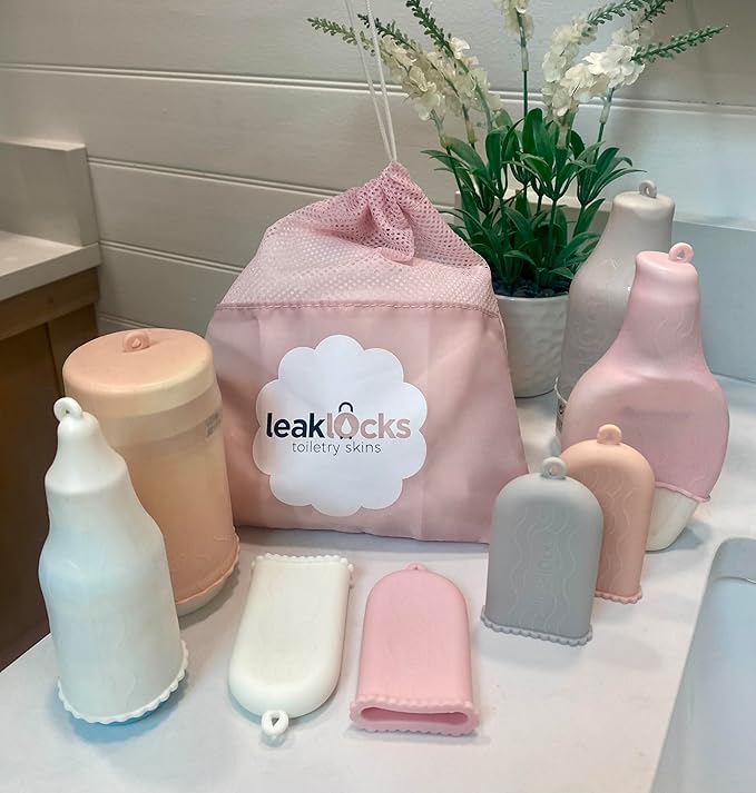 LeakLocks® Toiletry Skins 4-Pack w/Travel Bag. Elastic Sleeve for Leak-Proofing Travel Container in Luggage. Fits Standard/Travel Sized Toiletries. Reusable Accessory for Travel Bag Suitcase/Carry-on