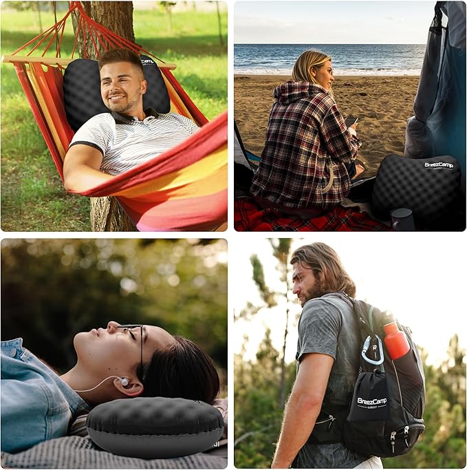 Camping Pillow with Soft Cover, Lightweight Inflatable Pillow for Neck Lumbar Support,Upgrade Backpacking Pillow,Washable Travel Air Pillows for Hiking, Backpacking, Airplane, Beach, Black