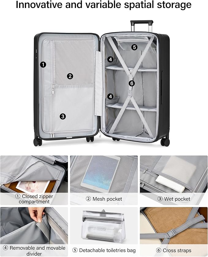 Hanke 24 Inch Plus Expandable Luggage Large Suitcases with Wheels, Medium Checked Luggage Hard Shell Suitcases, PC Trunk Luggage Extra Large Suitcase with Lock for Women Men(Jet Black)
