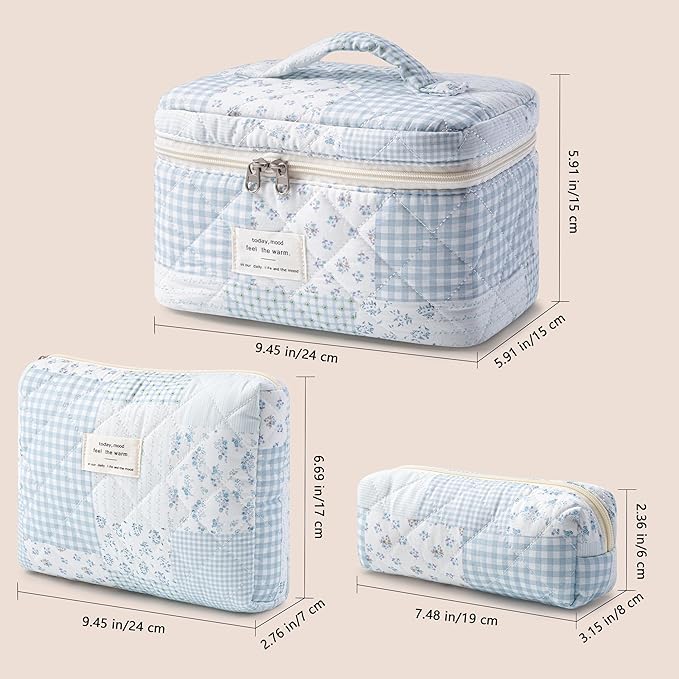 HBselect Quilted Makeup Bag, 3PCS Cotton Large Travel Makeup Bag, Cute Floral Coquette Make up Bag Cosmetic Bag Toiletry Bag for Women Girls