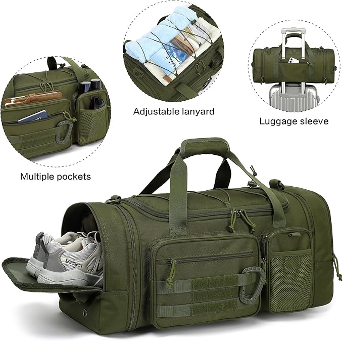 3 in 1 Tactical Travel Duffle Bag Backpack for Men Women 40-45L Expandable Gym Bag & Sport Duffel Bags for Travel with Shoe Compartment & Wet Pocket, Weekend Overnight bag for Caming, Green
