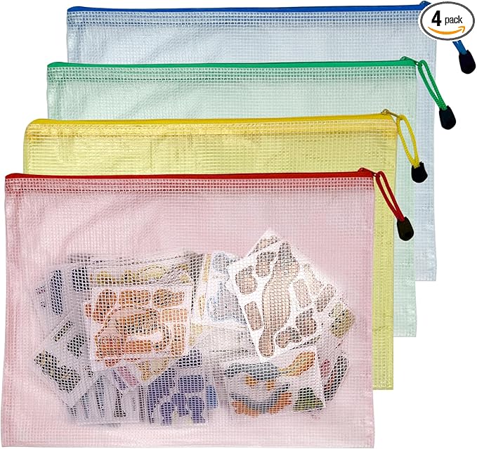 Mesh Zipper Pouch Bags – 13.2" x 9.2" Waterproof Storage Pouches, 4-Pack Colorful Translucent Bags for Office, Travel, Toys & Crafts