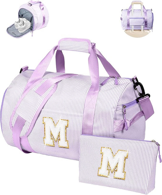 10 Year Old Girl Birthday Gift, Girls Travel Duffle Bag, Kids Overnight Duffel Bags with Shoe Compartment, Personalized Dance Bag with Cosmetic Pouch, Teen Girl Gifts (Letter M)