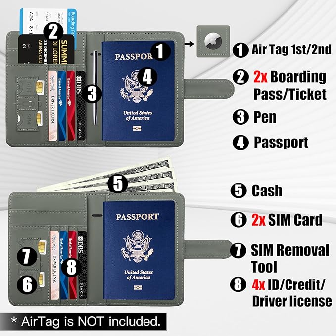 GOAUS Passport Holder for Travel with AirTag Slot Cards Cash Pocket, Faux Leather Travle Wallet Gifts for Women Men RFID Blocking Book Case Green, AirTag Not Included