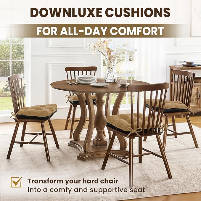 downluxe Indoor Chair Cushions for Dining Chairs, Tufted Overstuffed Textured Kitchen Chair Pads with Ties and Non-Slip Backing, 15.5" x 15.5" x 4", Taupe, 4 Pack