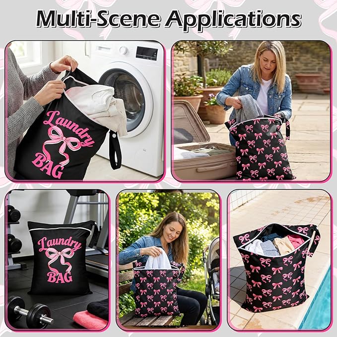 2 Pcs Large Travel Laundry Bags Waterproof Wet Dry Bag, Washable Dirty Clothes Bags for Travel，Drawstring, Bathing Suit, Workout, Gym Clothes Laundry, Swimming Pool & College Dorm, Black Bow